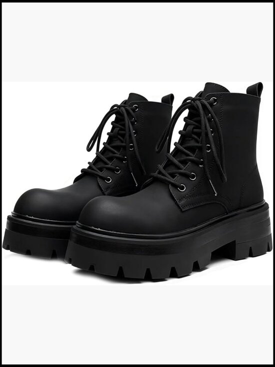 Black Leather Lace-up Platform Combat Boots Chunky Heel Lug Sole Side Zipper
